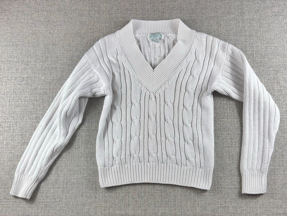 Vintage Tennis Lady Womens S White Cotton Cable Knit V Neck Sweater Preppy